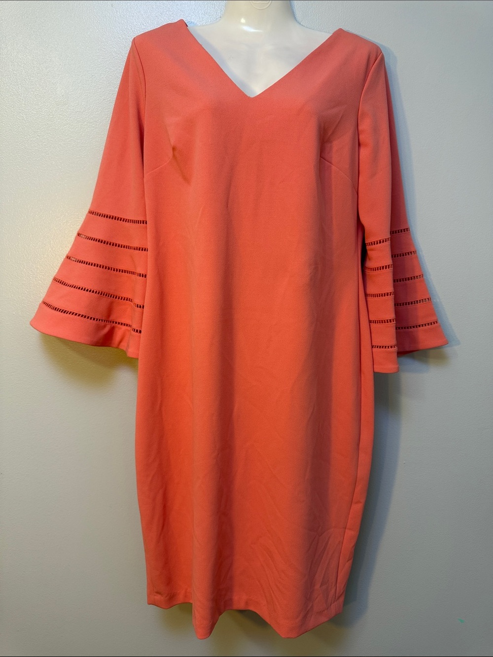 Calvin Klein Coral Midi V-Neck Dress with Ladder Sleeve Detail